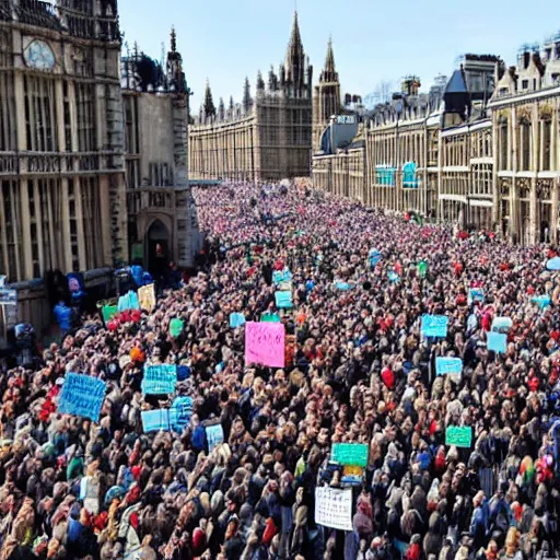 Prompt: a picture of westminster with a gigantic crowd of protestors on the street, the sky is blue and everyone is holding russian signs