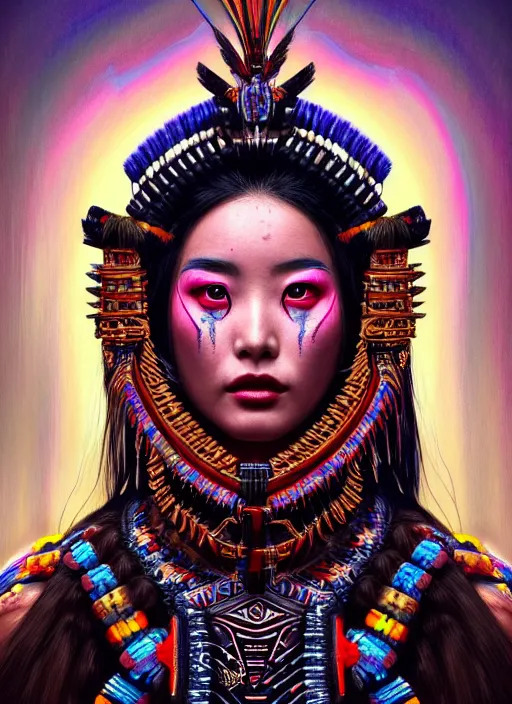 Image similar to portrait of liu yifei, hyper detailed ultra sharp aztec shaman warrior. trending on artstation, warpaint aesthetic, bloodwave, colorful, psychedelic, ornate, intricate, digital painting, concept art, smooth, sharp focus, illustration, art by artgerm and greg rutkowski and h. r. giger, 8 k