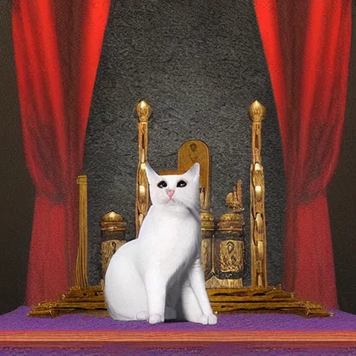 Image similar to cat crowned sitted on throne, castle environment, digital art