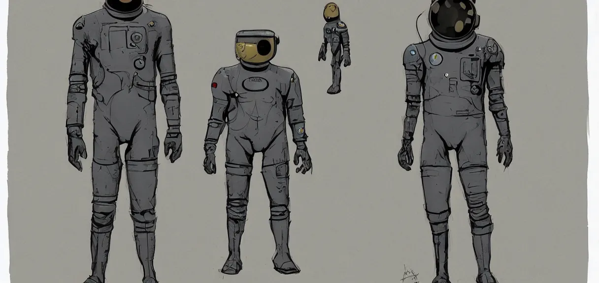 Image similar to male, full body, space suit with a modern helmet, large shoulders, short torso, long thin legs, tiny feet, character sheet, science fiction, very stylized character design, digital painting, by mike mignola, by alex maleev, jean giraud