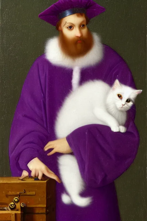 Image similar to a youthful fool in purple robes and a purple jester hat holding a cute fluffy white cat, listening to records on a turntable, oil on canvas, by ambrosius benson