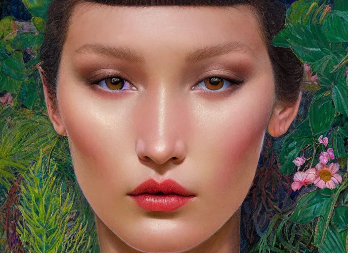 Prompt: bella hadid, exterior botanical garden, portrait face, colorful, in the style of frantisek kupka, intricate, miles johnston, kuroda seiki, cynical realism, ozabu, john william godward, painterly, yoshitaka amano, moebius, beautiful lighting, miles johnston, klimt, louise zhang, james jean