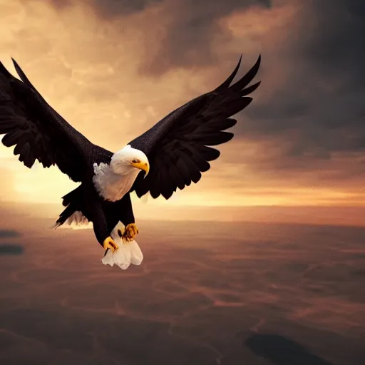 Image similar to A hyper realistic photo of a baby girl flying on an eagle, realistic, dark, cinematic, 8k render, full HD