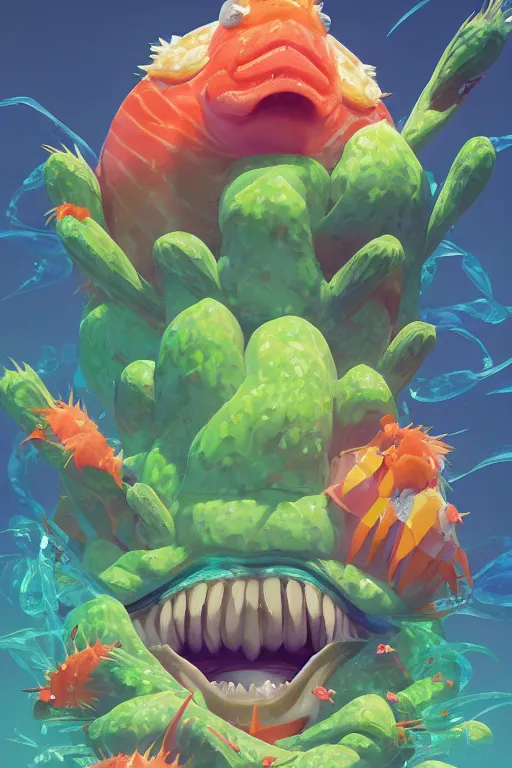 Image similar to 3 d render creature animal sushi cristal very big eye roots cactus elemental flush of force nature micro world fluo fishscale, comics gta 5 cover, official fanart behance hd artstation by jesper ejsing, by rhads, makoto shinkai and lois van baarle, ilya kuvshinov, ossdraws