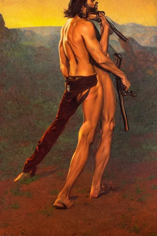 Prompt: an dramatic homoerotic painting of a handsome shirtless gunslinger wearing a bandolier and fringed leather pants | red desert mesa background at twilight | by bill ward, by tom of finland, by albert bierstadt, by louis comfort tiffany | trending on artstation