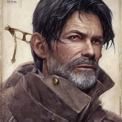 Image similar to portrait of a grizzled treasure hunter man in his 5 0 s with dark hair and sharp cheekbones, dressed in expensive clothes, detailed face, smooth, sharp focus, graphic novel, art by artgerm and greg rutkowski and pepe larraz,