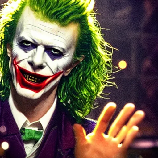 Image similar to awe inspiring David Bowie pkaying The Joker 8k hdr movie still dynamic lighting