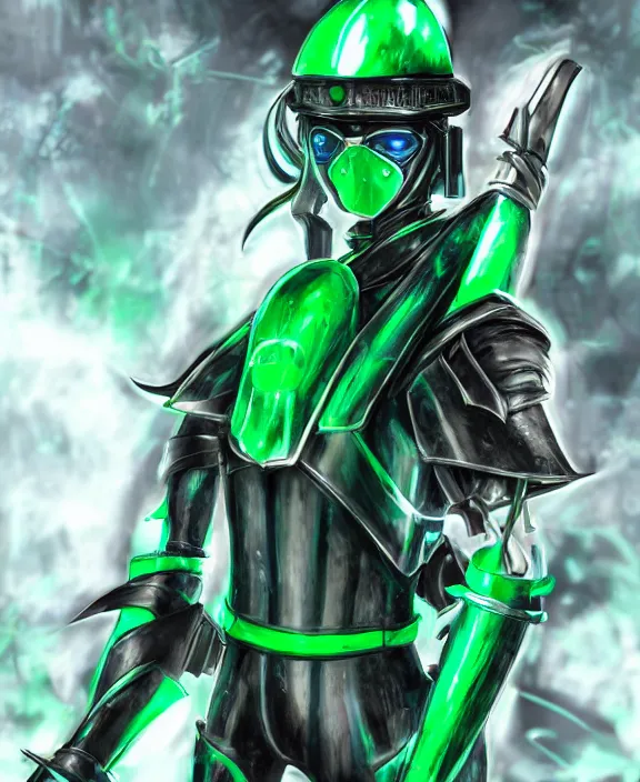 Prompt: an anime full body portrait of a masked cyborg warrior with jade green armour and a futuristic helmet with a neon jade visor by HR Giger, 4k resolution, detailed
