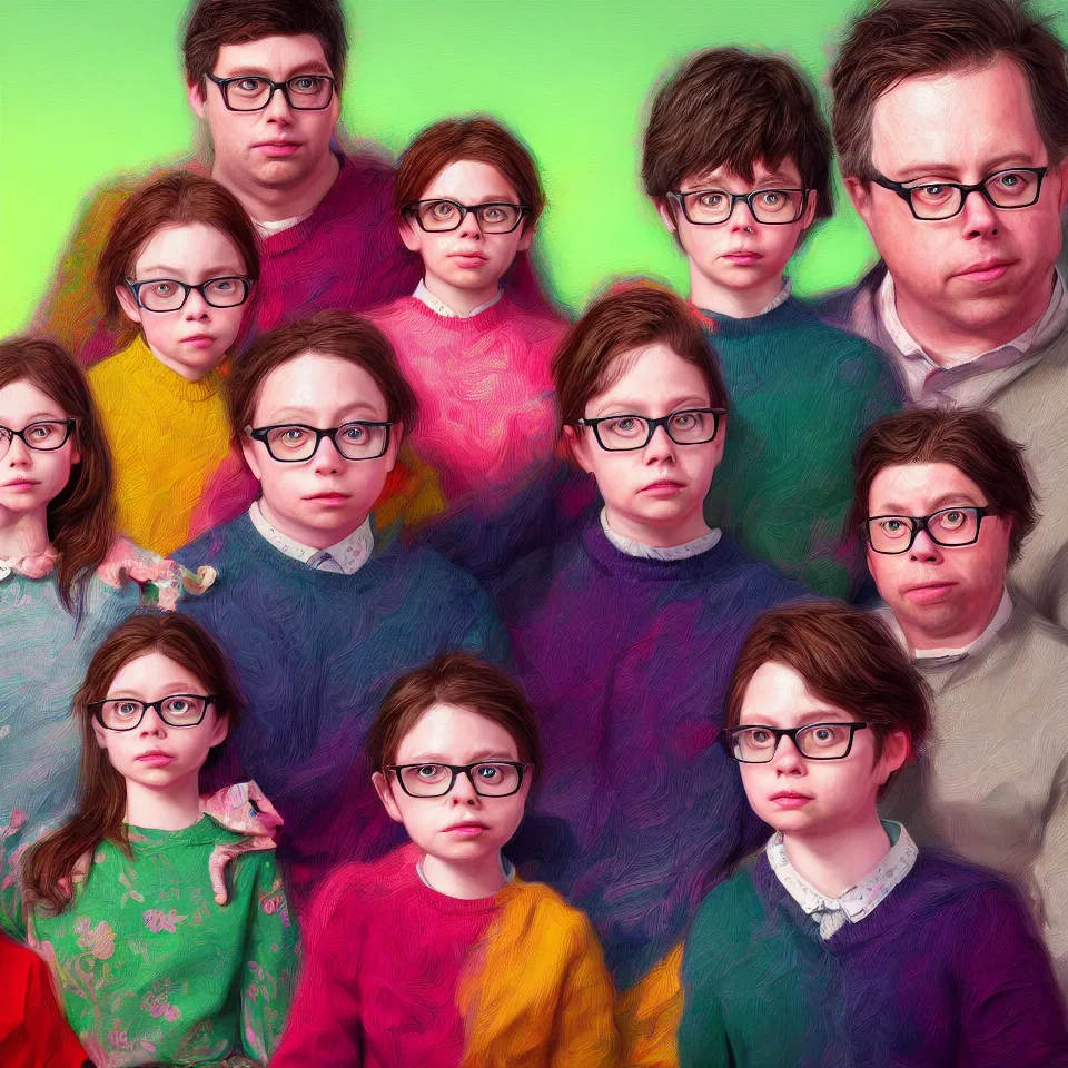 Image similar to bright realistic todd solondz family photo, diffuse lighting, fantasy, intricate, elegant, highly detailed, lifelike, photorealistic, digital painting, artstation, illustration, concept art, smooth, sharp focus, art by francis bacon