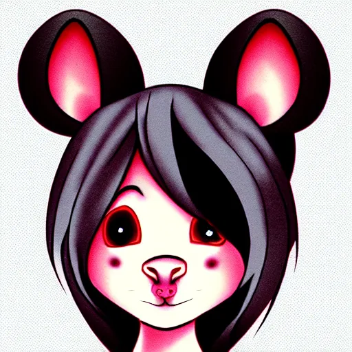 Image similar to headshot of young cartoon female mouse, healthcliff style, cute, fantasy, intricate, long hair, dark grey skin, mouse face, furry mouse, dark skin, mouse head, mouse ears, black hair, elegant, cartoony, furry Deviantart art of the day, furry character, character art, smooth, sharp focus, illustration, art by adoptables