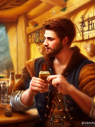 Image similar to a young handsome guy, drinking beer in a tavern. intricate, elegant, highly detailed, digital painting, artstation, concept art, sharp focus, illustration, by justin gerard and artgerm, 8 k