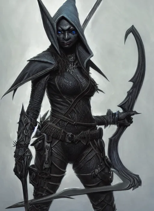 Prompt: a female drow elf, dark grey skin, serious face, with hand crossbow, wearing a witch hat, hunter, slick leather armor, style by donato giancola, wayne reynolds, jeff easley dramatic light, high detail, cinematic lighting, artstation, dungeons and dragons