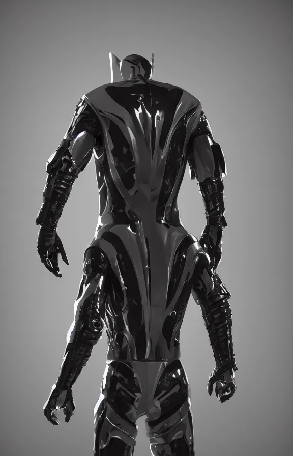 Prompt: futuristic warrior with latex suite details, with his back to the viewer, futuristic space suite, back light, full body view, 8 k, 3 d render, cinematic lighting