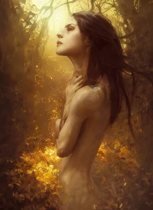 Image similar to golden leaves at frame border, creative!!! composition for a book cover, moon, beautiful portrait painting by jeremy mann, a female witch beautiful, ultrafine hyperrealistic detailed face by wlop and artgerm and greg rutkowski, intricate linework, sharp focus, smooth, octopath traveler, final fantasy, unreal engine, dramatic lighting, ethereal, 8 k