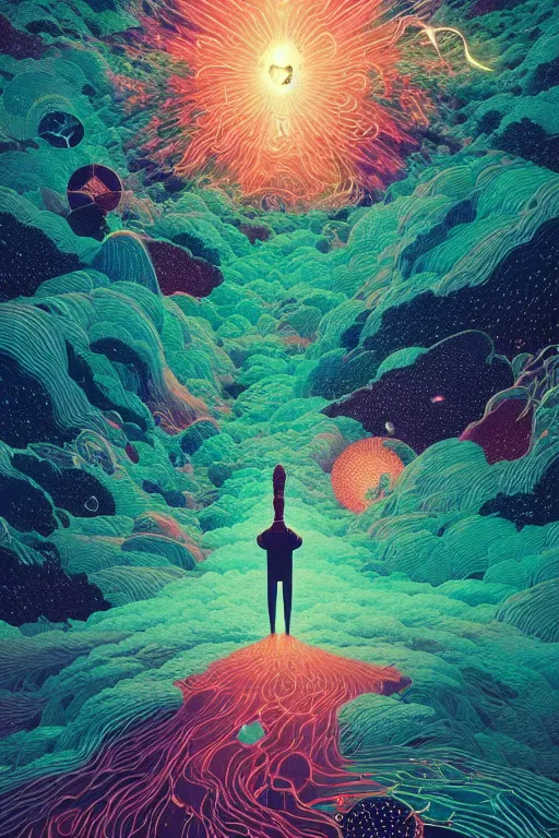 Prompt: the beginning of time in the cosmos, man and energy united by victo ngai, kilian eng vibrant colors, dynamic lighting, digital art, award winning masterpiece, fantastically beautiful, illustration, aesthetically inspired by beksinski and dan mumford, trending on artstation, art by greg rutkowski, 8 k