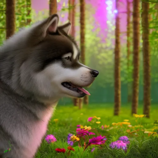 Image similar to alaskan malamute made of flowers playing in a bioluminescent forest at dusk, octane render, colorful, beautiful