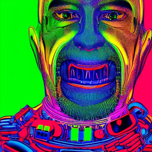 Image similar to product photo of a tshirt with a hyperdetailed portrait of a futuristic trippy smiling robot head, 8 k, symetrical, flourescent mulicolored, halluzinogenic