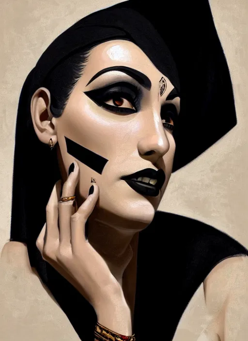 Image similar to portrait of an egyptian woman with a crooked nose and a confident expression, 1 9 6 0 s, black clothes, goth, punk, funk, intricate, elegant, highly detailed, digital painting, artstation, concept art, smooth, sharp focus, illustration, art by wlop, mars ravelo and greg rutkowski