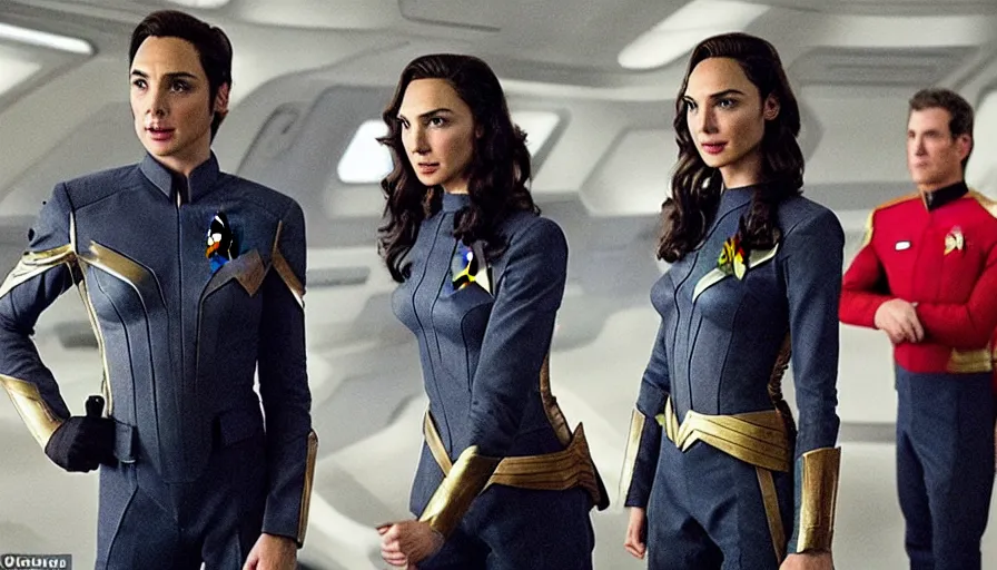 Image similar to Gal Gadot, in full starfleet uniform, is the captain of the starship Enterprise in the new Star Trek movie