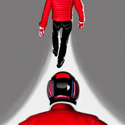 Image similar to isometric view of a man with a red jacket from behind. a red futuristic racing motorbike in front of the man. pencil drawing, panoramic view, wide angle, photo realistic, hyper realistic, dynamic lighting, cyberpunk, ultra detailed, sharp focus, digital illustration, concept art trending on artstation