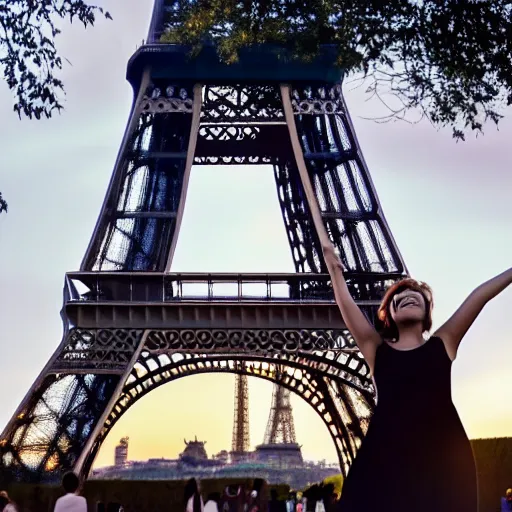 Prompt: an 18 year old woman dancing in front of the eiffel tower in the year 2154, dramatic lighting