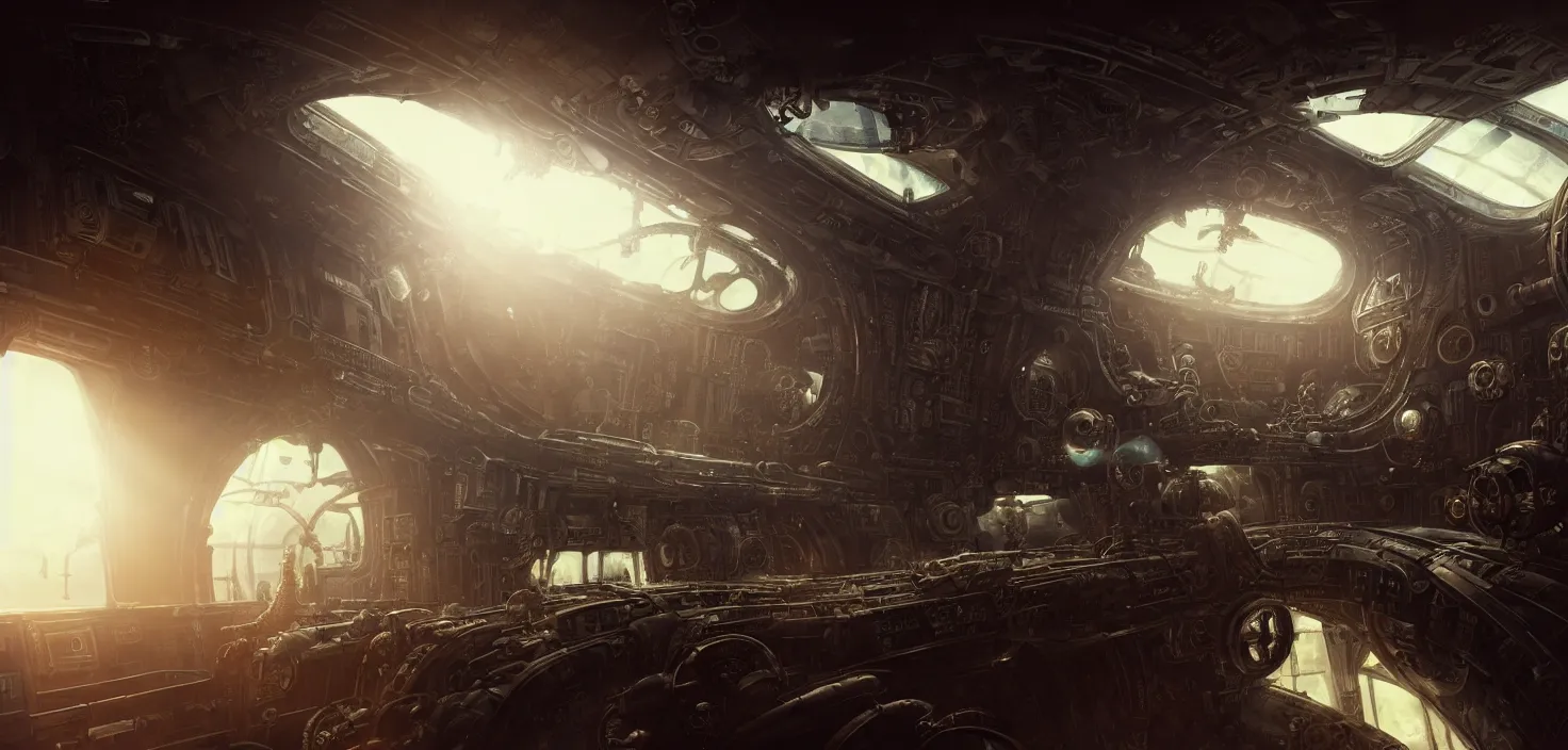 Prompt: cockpit view of a steampunk spacecraft designed by h. r. giger, mecha city underneath, early morning, light coming in through the window, bokeh, closeup, rule of thirds, roger deakins, ridley scott, jan urschel, john singer sargent, mandelbulb, sorolla, ghibli
