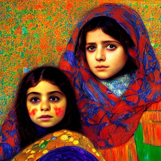 Prompt: painting of vivid colors iraqi girl child with her sister gustav klimt wallpaper by android jones detailed matte painting 8 k best on artstation cinematic lighting collage