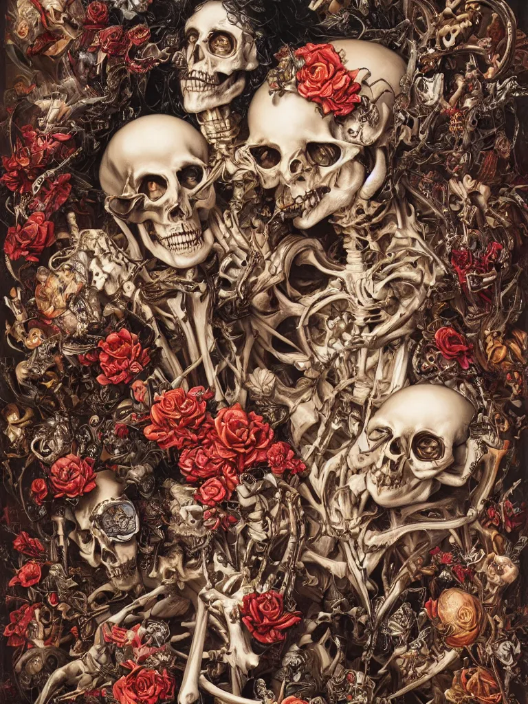 Prompt: a maximalist portrait of a skeleton, baroque by ayami kojima, greg hildebrandt, mark ryden, hauntingly surreal, highly detailed painting by, james jean and jenny saville, soft light 4 k