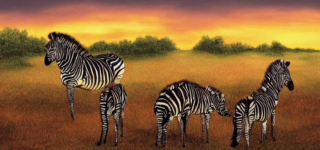 Prompt: Paradise, in the distance one zebra watching at the sunset, holy grail, photorealistic, masterpiece, award winning landscape photo, hyperdetailed