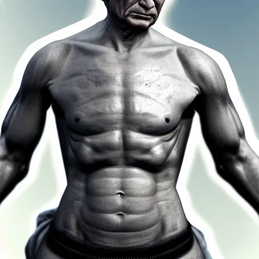 Image similar to Detailed image of Vladimir Putin with detailed face, in game style 8k, wearing only pants, bare torso, his body is old and ugly with sagging old skin,