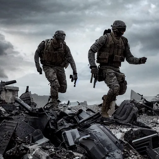 Image similar to Special Forces in grey uniform fighting in a ruined city in 2022, photo by Adam Ferguson, Pulitzer Winning, cinematic composition, breathtaking, modern, 2022