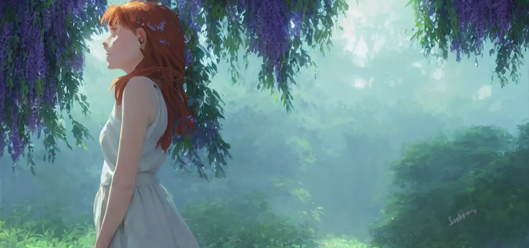 Image similar to a beautiful southern woman named Savannah, innocent, somber turquoise eyes, freckles, long ginger hair tied with white ribbon, sad under a wisteria plant, gentle lighting, storm in the distance, simple dress, digital art by Makoto Shinkai ilya kuvshinov and Wojtek Fus, digital art, concept art,