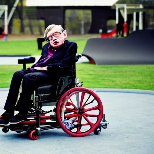 Prompt: Stephen Hawking doing tricks at a skate park