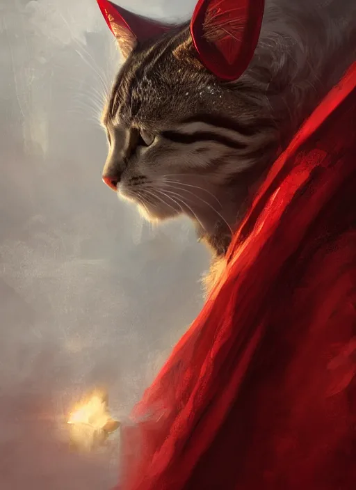 Image similar to side profile of a cat king wearing a crown and red cape, fantasy, digital painting, volumetric light, intricate, sharp, focus, bloom, illustration, highly detailed, concept art, matte, ruan jia, randy vargas, greg rutkowski