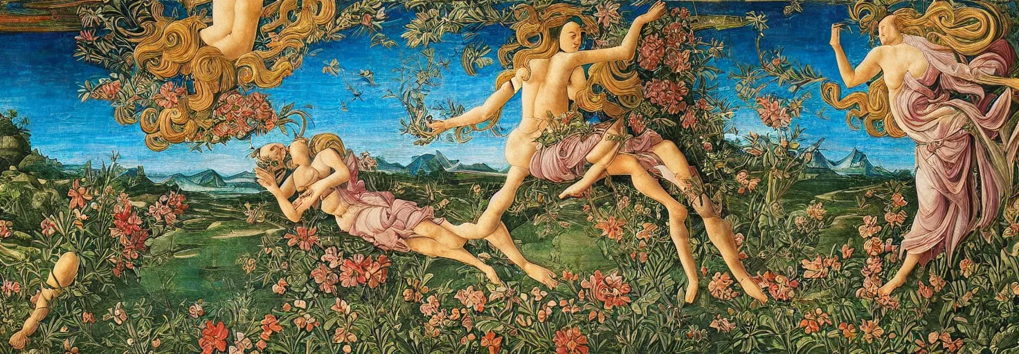 Prompt: beautiful patterned mural a corrupted alien planet, lush landscape, vivid colors, beautiful flower variation, intricate painting, highly detailed, masterful, fantasy world, no people, in the style of sandro botticelli, caravaggio, albrecth durer
