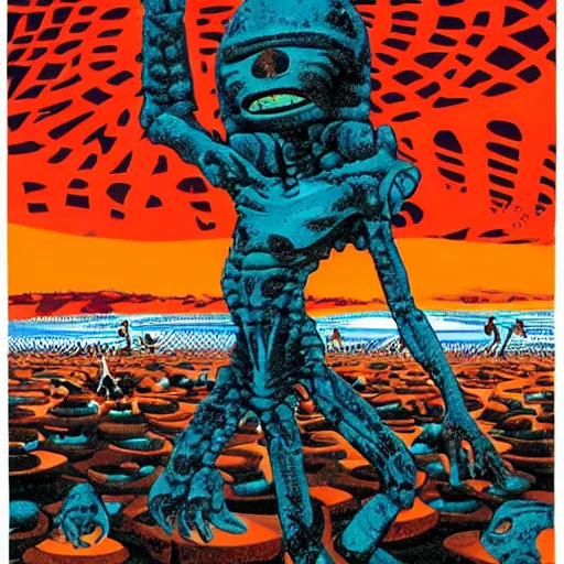 Image similar to an alien meditating in front of a giant black power fist in the center, worshipped by aliens dancing in lava fields by victor moscoso and john berkey