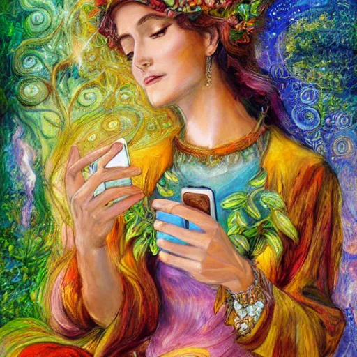 Image similar to a nature goddess checking her cell phone by senior concept artist josephine wall, acrylic on canvas, intricately detailed