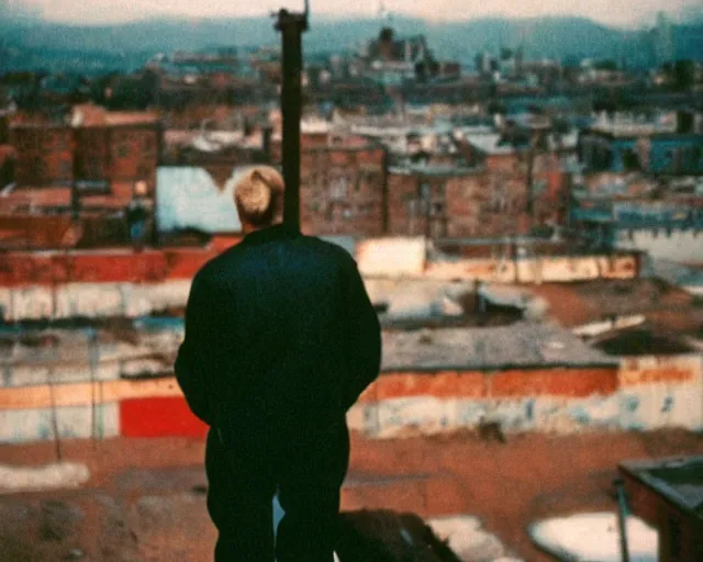 Image similar to lomo photo of man standing on the roof of soviet hrushevka, small town, cinestill, bokeh, out of focus