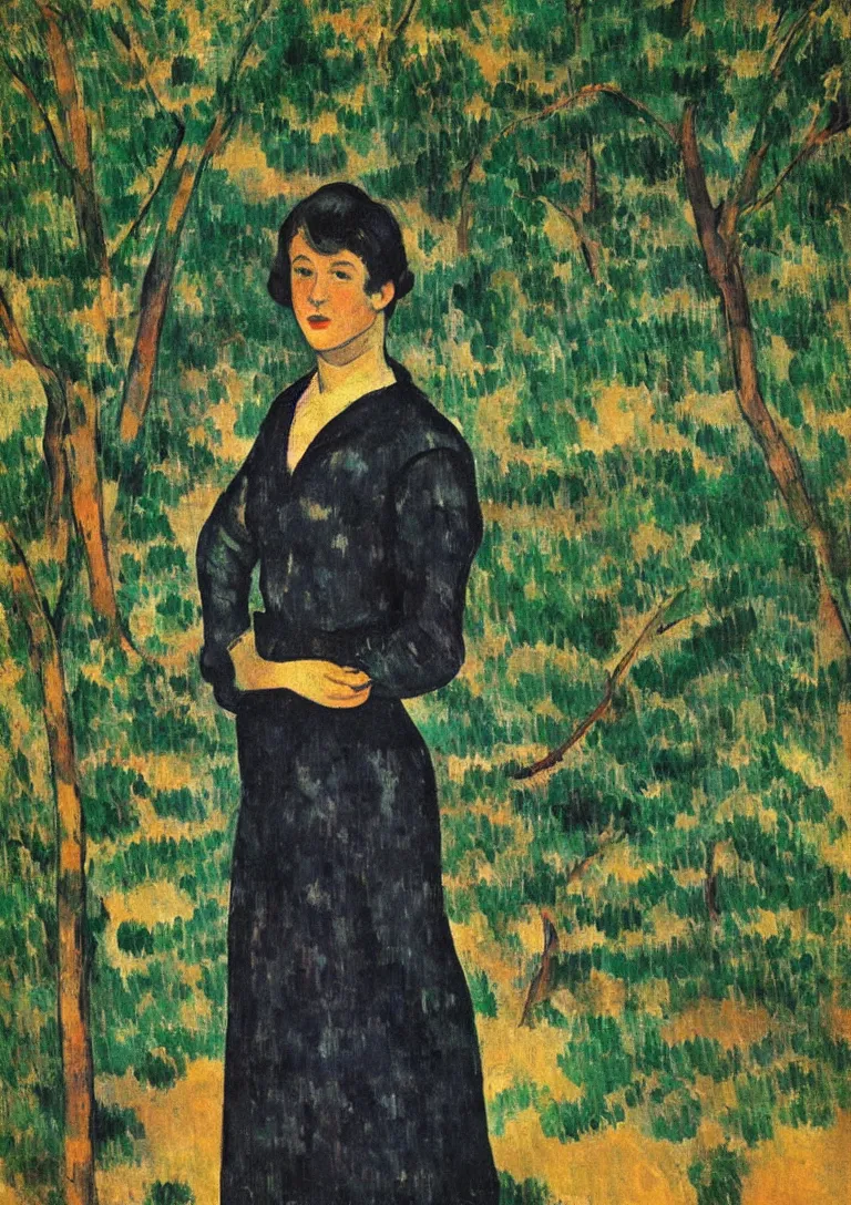 Prompt: a portrait of a young woman from the fifties, seated in front of a landscape background, her black hair is a long curly, she wears a dark green dress pleated in the front with yellow sleeves, puts her right hand on her left hand, post - impressionism, cezanne, gaugin, van gogh, seurat