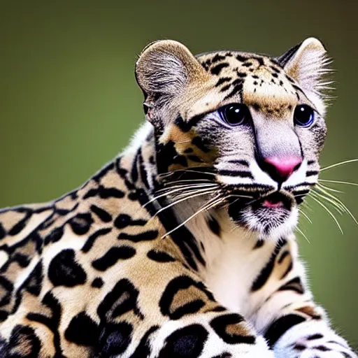 Image similar to a clouded - leopard wearing a flat - top - hat, national geographic, highly detailed