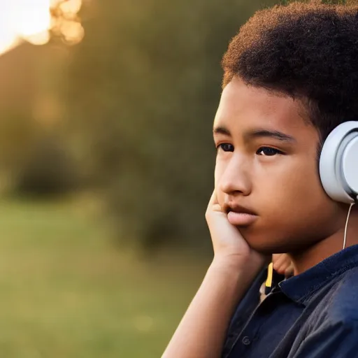 Prompt: multiracial teenager wearing headphones looking bored, natural light, magazine photo, 5 0 mm lens