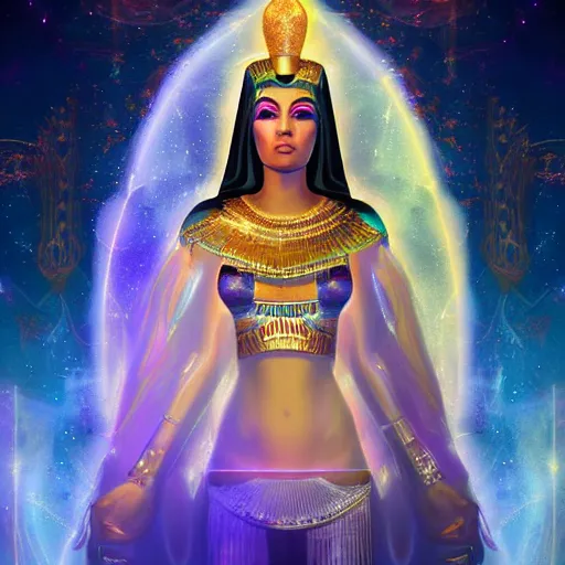 Prompt: high priestess channeling the Egyptian goddess Isis, radiant, joyful, loving, backlit, standing in a cosmic crystal temple surrounded by stars, digital art trending on artstation