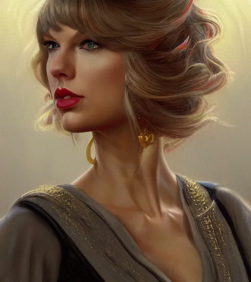 Image similar to taylor swift wearing a golden dress, grey hair, red necktie, cinematic, stunning, highly detailed, digital painting, artstation, smooth, hard focus, full body shot, illustration, art by artgerm and greg rutkowski and alphonse mucha