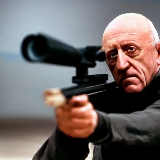 Image similar to Film Still of Mike Ehrmantraut aiming a sniper rifle, 8k, highly detailed