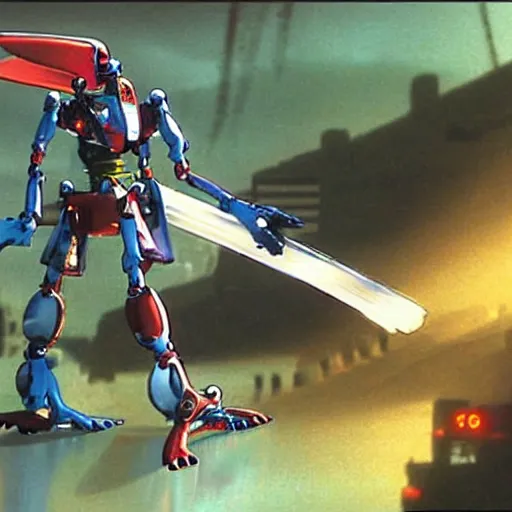 Prompt: An HD screenshot of the parrot robot from the Transformer anime, a collaboration between Michael Bay and Hayao Miyazaki.