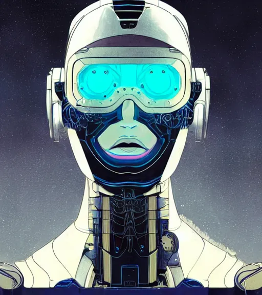 Image similar to cyborg woman with a hologram for a head, techwear, dead space, visible face, Industrial Scifi, detailed illustration, character portrait, by Martin Grip and Moebius