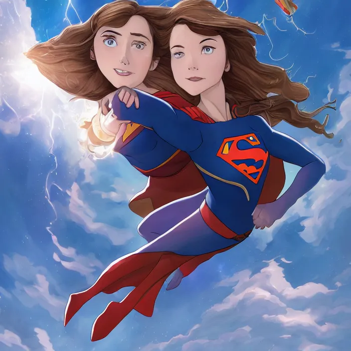 Image similar to A beautiful ultradetailed cartoon of one Supergirl hovering and holding one Lena Luthor in her arms, blue sky, Metropolis, 4k, Raphael Lacoste, by Rossdraws and Bluesssatan and Mandy Jurgens and Stjepan Sejic, Legend of Korra, Supergirl, fanart, trending on artstation, highly detailed, soft lighting 8k resolution, dramatic lighting, unreal engine 5, Pinterest, Katie McGrath, Melissa Benoist