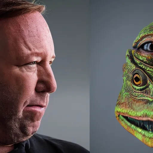 Image similar to hyperrealistic mixed media image of info wars alex jones with ( ( bullfrog face mask ) ), stunning 3 d render inspired art by xiang duan and thomas eakes and greg rutkowski, perfect facial symmetry, hyper realistic texture, realistic, highly detailed attributes and atmosphere, dim volumetric cinematic lighting, 8 k octane detailed render, post - processing, masterpiece,