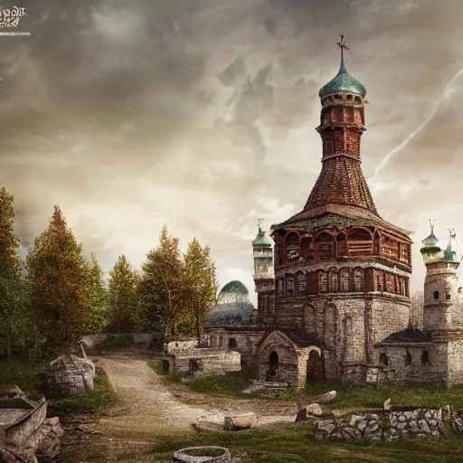 Image similar to photo ancient Slavic Russian city of Kitezh, concept art, magical city, fantasy cityscape, ancient Slavs, wooden buildings, ancient Russian architecture, terem, hyperborea, top cinematic lighting , cinematic mood, very detailed, shot in canon, 8k, high resolution