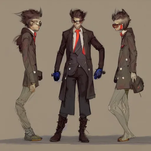 Prompt: vivid colors, character sheet, fine details, front view, greg rutkowski, kim jung gi, human, suit vest, longcoat, androgynous, female, face, glasses, briefcase, brown clothes, pretty face